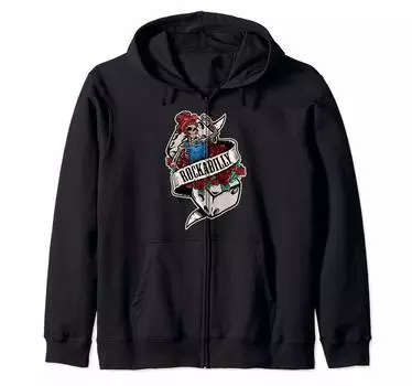Roll Rockabilly Скелет Женщина Pinup Татуировка Zip Hoodie Rock n чёрный
