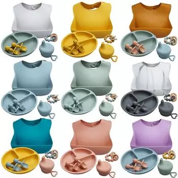 Roll up Travel Baby Bib Set Premium Silicone Baby Bibs Set BPA Free Waterproof Silicone Bibs Set Ease Feeding And Clean One Size