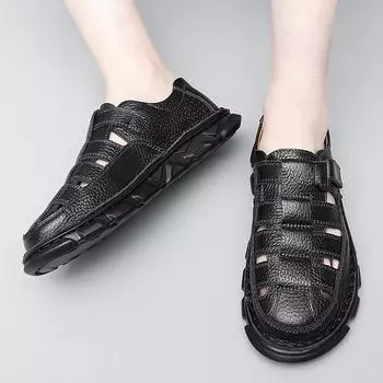 Roman Hollow Sandals Men Shoe Retro Round Toe Layer Cowhide Baotou Summer New Breathable New Personality Street Leather Sandals 38 чёрный