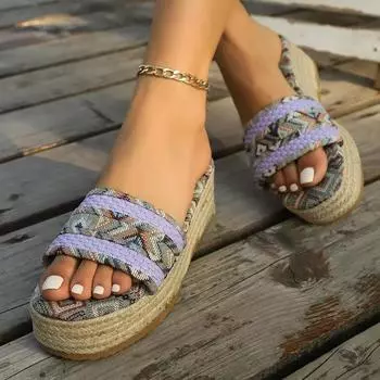 Roman large size ethnic style thick-soled slippers women s 2025 new hemp rope bottom slope heel color matching one-character foreign trade slippers 36 чёрный