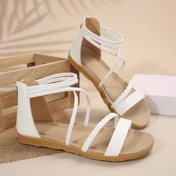 Roman sandals women s spring 2025 new flat-bottomed toes crossed with ethnic style woven foreign trade large-size women s shoes 35 белый