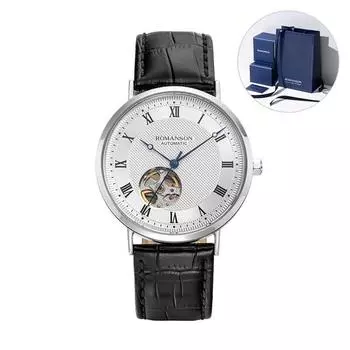 Romanson Kairos Classic Open Heart Черные кожаные часы RWTLRM1B2400WHSI2 + подарочный пакет