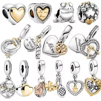 Romantic 925 Sterling Silver Two Tone Beaded Golden Heart -Shaped Birthday Candle Charm Fit Fashion Bracelet Diy Jewelry Making