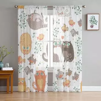 Romantic Cats Birds Tulle Sheer Window Curtains For Living Room The Bedroom Modern Chiffon Voile Organza Curtains Decor Drapes 135W x 114H(cm)