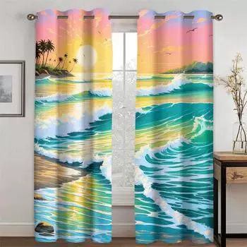 Romantic Color Ocean Waves Landscape Curtains 2 Panel Living Room Bedroom Balcony Window Decoration Curtains Anime Style 50W130H(CM)X2PCS&Grommet Top
