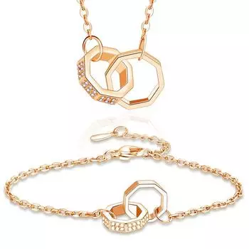 Romantic Geometric Double Ring Buckle Set Women S Volleyball Diamond Ring Bracelet Octagonal Zircon Pendant Necklace