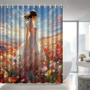 Romantic Girl in Flower Field Waterproof Mildew-Resistant Shower Curtain - Artistic Design for a Charming Bathroom Dcor W90XH180cm