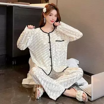 Romantic Glazed White Water Wave Stripe Print Women s Pajamas French Elegant Ins Home Sleepwear New Autumn Winter Nightgown M бежевый