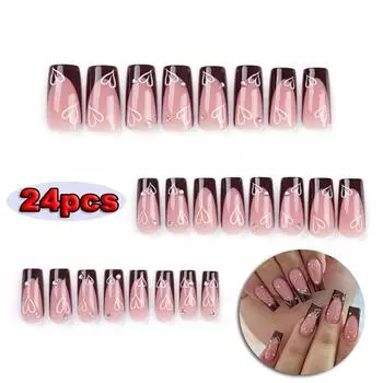 Romantic Love Pattern Wearable Fake Nails Ladies Frosted Brown Detachable Finished False Nails Press on Nails With Glue