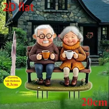 Romantic Old Couple Bench 2D Flat Acrylic, Decorated, Suitable for Garden, Outdoor, Lawn, Gifts, Christmas, Halloween 20cm
