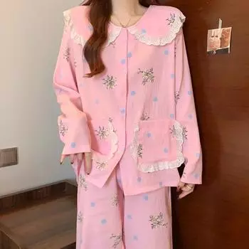Romantic Retro Aesthetics Flower Print Women s Pajamas Elegant Literary Lace Homewear Spring New Cloud Cotton Sleepwear M розовый