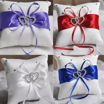Romantic Ring Pillow 10x10cm Bridal Wedding Double Heart Ribbon Cushion Decor белый