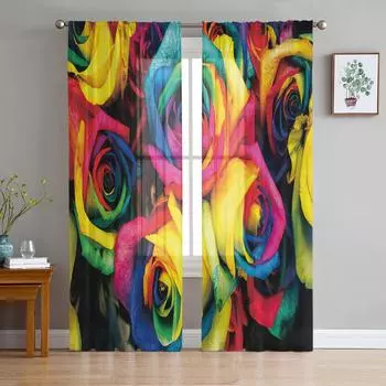 Romantic Rose Flower Window Treatment Tulle Modern Sheer Curtains for Kitchen Living Room the Bedroom Curtains Decoration W135 x H114cm