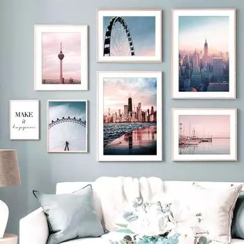 Romantic Sunset Landscape Painting Ferris Wheel Posters for Home Design Modern Decoration for Living Room Frameless Art Prints No Frame 21*30cm No Frame