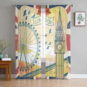 Romantic United Kingdom Travel Chiffon Sheer Curtains for Living Room Bedroom Kitchen Decoration Window Voiles Tulle Curtain 135W x 114H(cm)