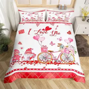 Romantic Valentines King Duvet Cover Lovely Gnomes Bedding Set Pink Butterfly Comforter Cover Microfiber Vintage Bicycle Bed Set 135x200cm 2pcs