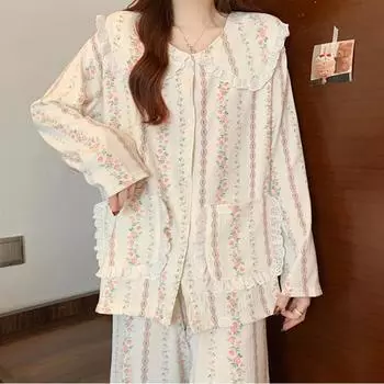 Романтическая эстетика Цветочная полосатая женская пижама Французский ретро Элегантная кружевная ночная рубашка Весенние домашние облачные хлопковые домашние пижамы M