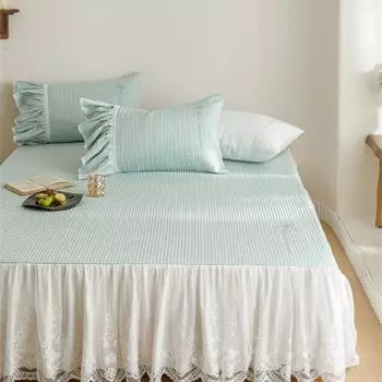 Романтическая белая кружевная хлопковая юбка на кровать, стеганое покрывало с вышивкой, роза, королева, королевский размер, простыня с 2 наволочками Only 2pcs pillowcase зелёный
