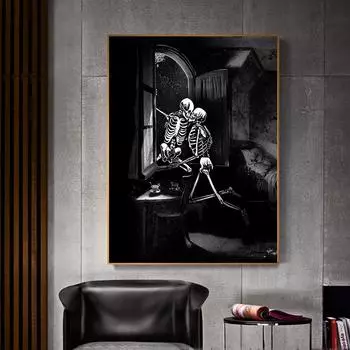 Романтическая картина со скелетом, холст с принтом, постер, темно-готический поцелуй любви, настенная художественная картина для подарка, гостиной, домашнего декора, Cuadros 21x30cm No Framed