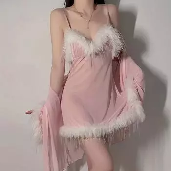 Романтическая пижама женская сексуальная сетчатая перьевая прозрачная удобная женская ночная рубашка на подтяжках M