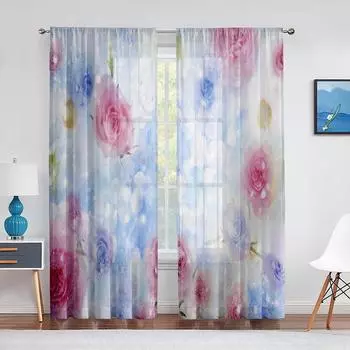 Романтическая роза с цветочным принтом, прозрачная вуаль, шторы для спальни, гостиной, кухни, украшения, тюлевые шторы, шифоновые оконные шторы 1 PCS W100XH250cm&Rod Pocket