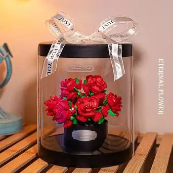 Романтическая роза, сохраненный цветок, строительный блок, букет растений, модель, набор кирпичей с пылезащитным чехлом, детская игрушка для девочек, подарок на День Святого Валентина красный