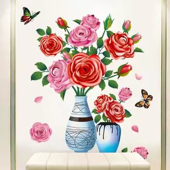 Романтическая ваза с цветами и бабочками, наклейки на стену, украшение для спальни, фон для комнаты, настенная бумага, самоклеящиеся стеклянные плакаты на холодильник 45x60cm