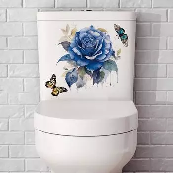 Романтические голубые розы, бабочки, цветы, наклейки на крышку унитаза, самоклеящиеся украшения для ванной комнаты, съемные наклейки на стену 30x30cm синий