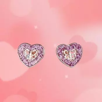 Романтические серьги-гвоздики в форме сердца из розового золота со сверкающими розовыми кристаллами и замысловатым полым узором