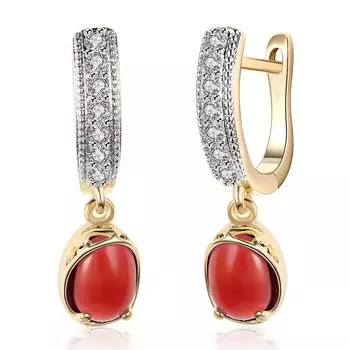 Романтические серьги с круглым камнем красный