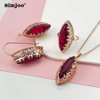 Романтические серьги SIMJOO из розового золота, стильные и изысканные полые кольца с рубином, серьги, ожерелье, комплект 7