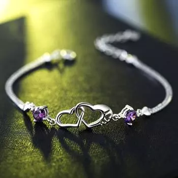 Романтический браслет с двойным сердцем, женские свадебные браслеты с кристаллами, ювелирные изделия Pulseras серебряный