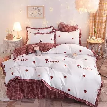 Романтический комплект постельного белья с сердечками в форме сердца Kawaii Red - 1 двухсторонний пододеяльник + 1 клетчатая подзорная труба + 2 наволочки 150x200cm 4pcs set
