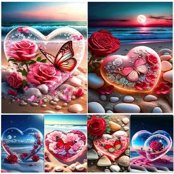 Романтический пляж 5D DIY Алмазная картина Бабочка Роза Любовь Пейзаж Полный Круглый Алмазная вышивка Мозаика Вышивка крестом Full Round 20x30CM