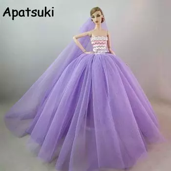 Романтическое фиолетовое лоскутное кукольное платье для куклы Барби, одежда с длинным шлейфом, вечернее платье, свадебные платья + вуаль, аксессуары для куклы 1/6 фиолетовый