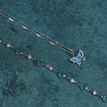 Романтическое голубое ожерелье с бабочкой для женщин и девочек, простое блестящее циркониевое двухслойное колье на ключицу, цепочка, изящное ювелирное украшение, подарок