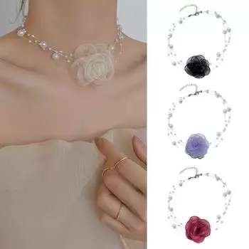 Романтическое колье из искусственного жемчуга, ожерелье с камелией, черно-белая цепочка на ключицы, колье с розой для невесты чёрный