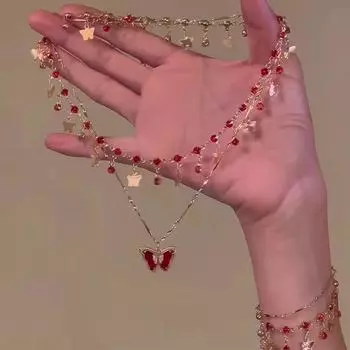 Романтическое красное ожерелье-бабочка на ключицу 2025 года: Многослойная женская мода