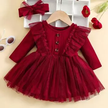 Романтическое платье из двух частей для девочек с короткими рукавами-крылышками, длинными рукавами, оборками и сетчатым платком + бантом на весну и осень 3-6M красный