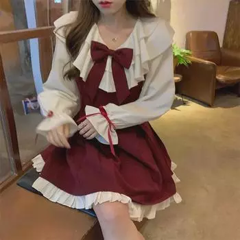 Романтическое платье-подтяжка с бантом в стиле принцессы 2023 для женщин - весна и осень Medium красный