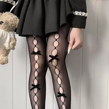 Романтическое поле сексуальный черно-белый полый перспективный японский чистый кружевной бант ажурные носки ретро секс комбинезон one size fits all чёрный
