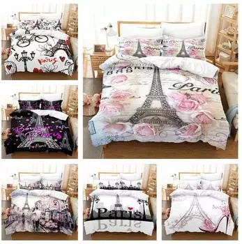 Романтическое постельное белье с 3D-печатью для пар, пододеяльники с изображением парижской башни, наволочки, 2/3 шт., двуспальные кровати, женский домашний текстиль, подарки DE 100x135cm