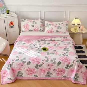 Романтическое розовое одеяло с цветами 100% хлопок, летнее стеганое одеяло с кондиционером, приятное для кожи тонкое одеяло для детей, подростков и взрослых 150x200cm Single 1Pc