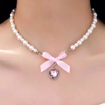 Романтическое розовое ожерелье с бантом-сердцем и жемчугом - Женский милый и нежный чокер, цепочка для ключицы