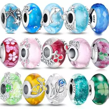 Романтическое серебро 925 пробы, разноцветное муранское стекло и изогнутое перо, подходит для браслета, ожерелье «сделай сам», бусы, ювелирные изделия CHINA