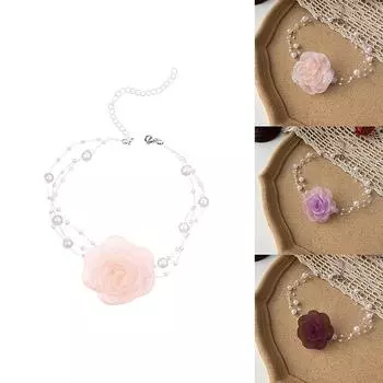 Романтическое жемчужное колье с камелией, летняя цепочка на ключицы с тканевыми цветами и жемчугом для женщин, ювелирные изделия для ужина розовый