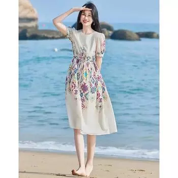 Романтичная французская серия, легкое и элегантное платье с принтом «Сказочная атмосфера», лето, рукава средней длины S бежевый