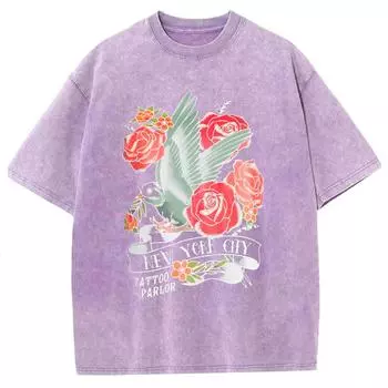 Романтичная хлопковая женская футболка с принтом роз, вываренный искусственный деним, оверсайз, с рукавами до локтя, милый элегантный топ S