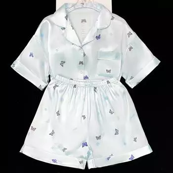 Романтичная синяя пижама с принтом бабочек для женщин Y2k Ins Sweet Harajuku Fashion Nightgown New Summer Casual Home Sleepwear M синий