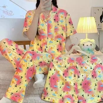 Романтичная женская пижама из 3 предметов с милым принтом, с рисунком, с розовым молочным шелком, для дома и отдыха, осенний шик, модная ночная одежда M синий